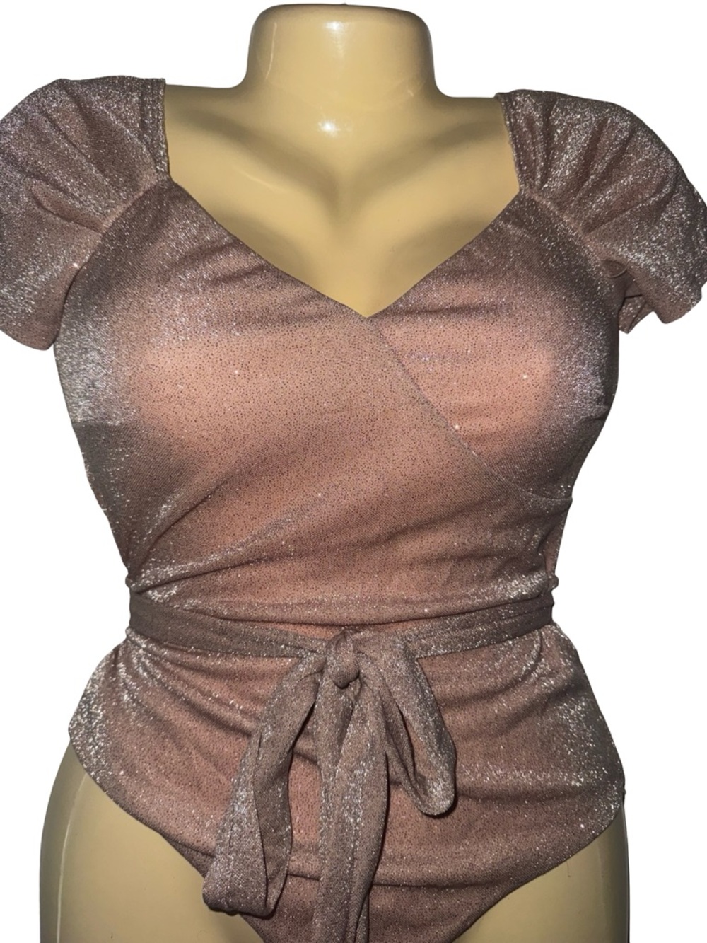 Fashion Nova Shimmery Rose Taupe Wrap Bodysuit with Tie